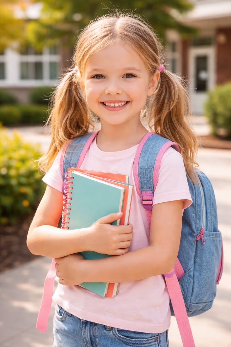 Petite fille souriante avec son cartable et ses cahiers